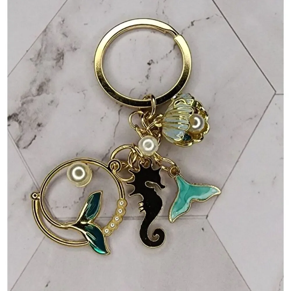 Mermaid Tail Bag Charm Keychain Seahorse Oyster Pearl Ocean Sea Green